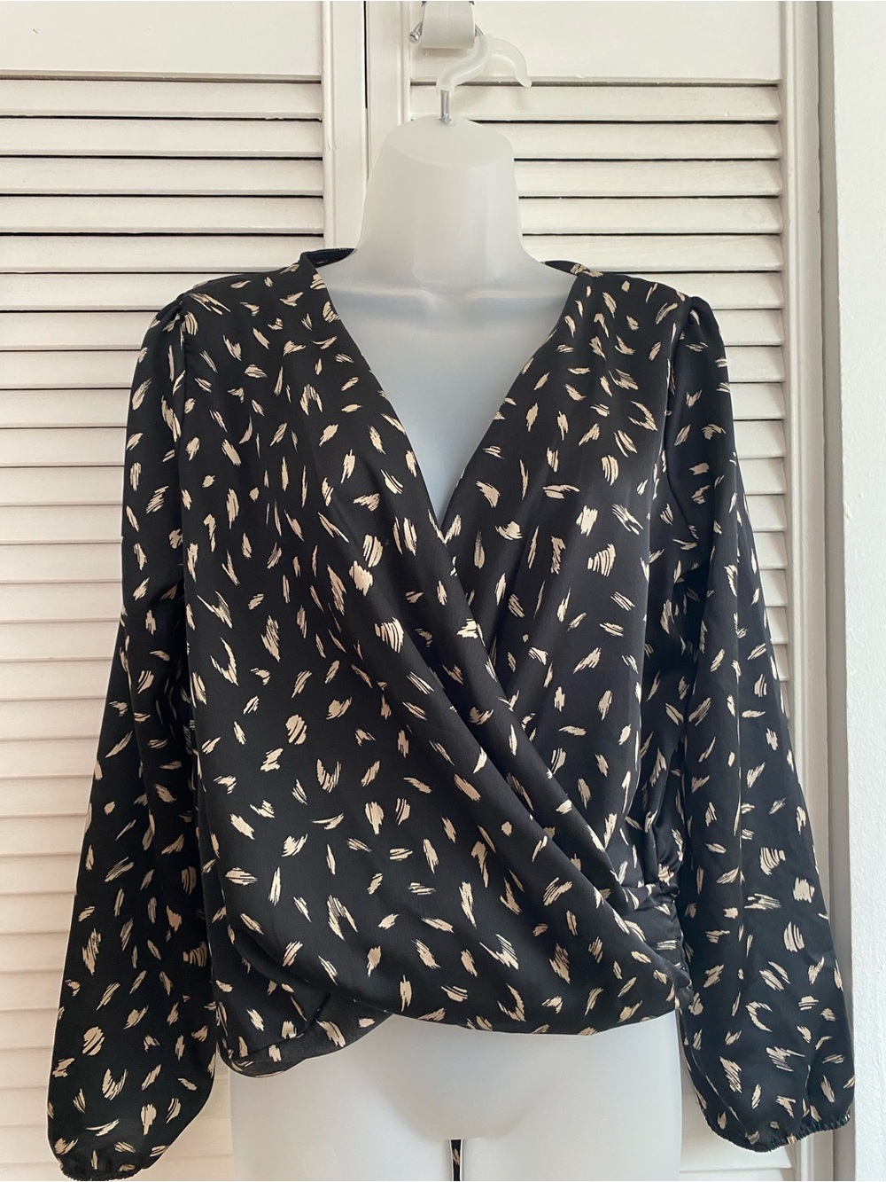 Black Brushstroke Print Surplice Blouse